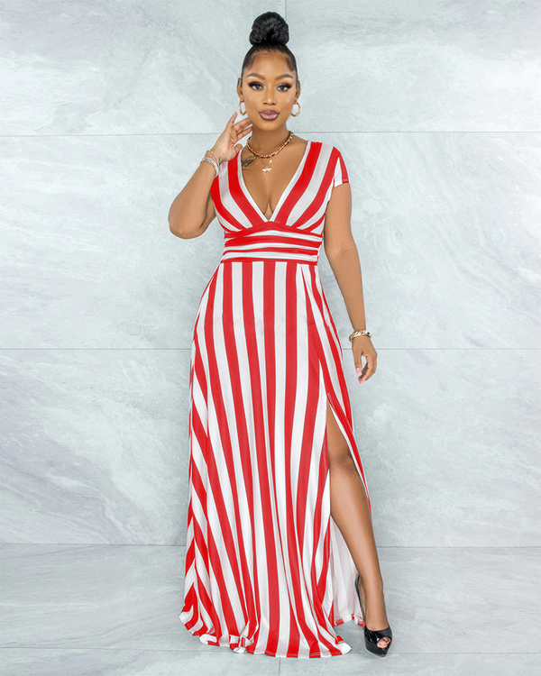 Sexy Striped High Waist Maxi Dress