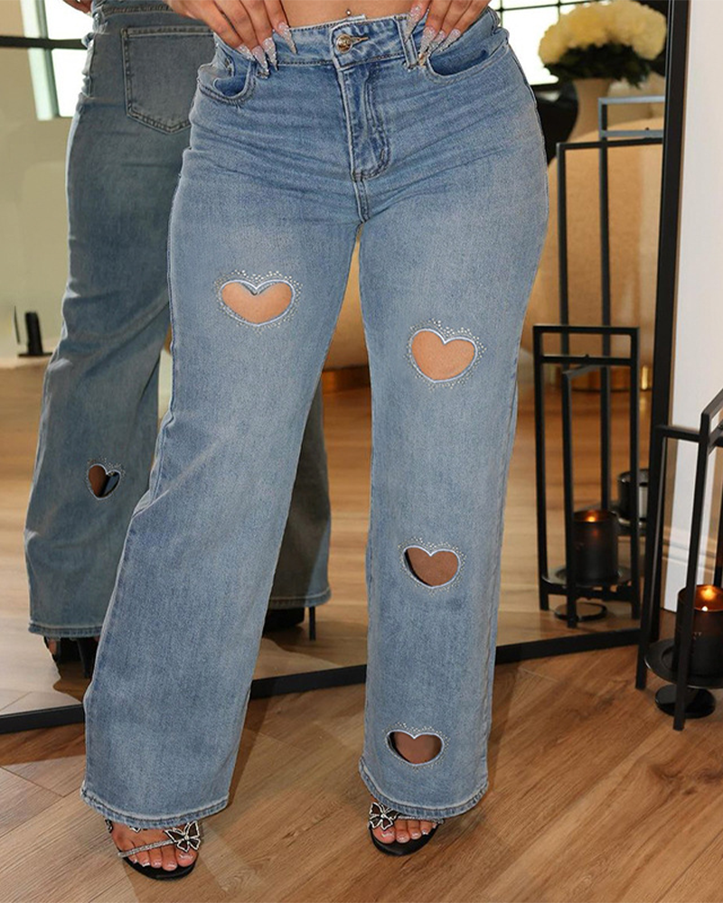 Rhinestones heart key-hole jeans