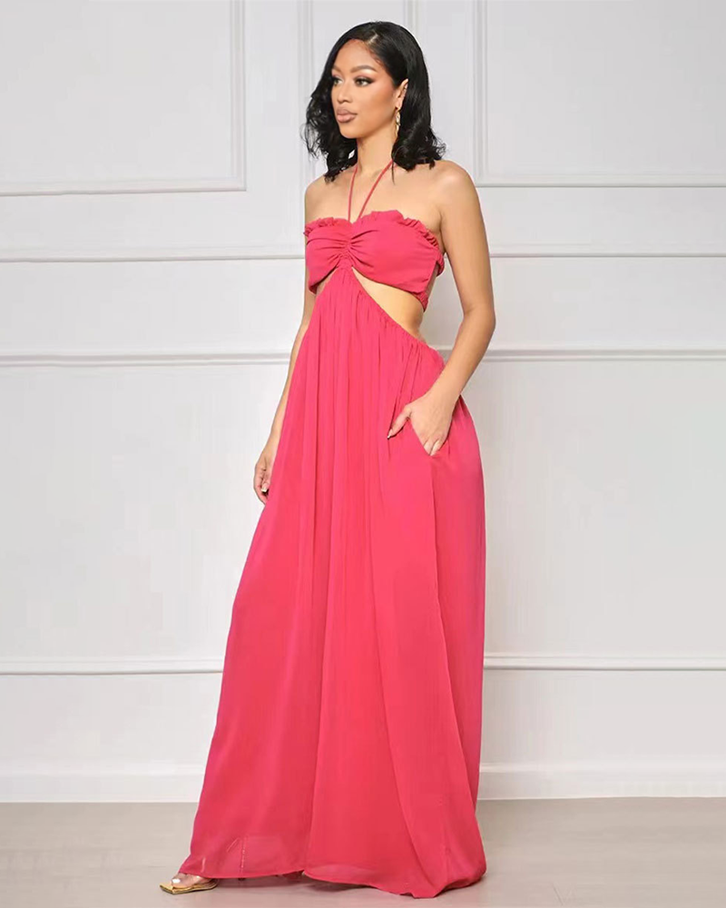 SMOCKED HALTER TOP WIDE LEG JUMPSUIT