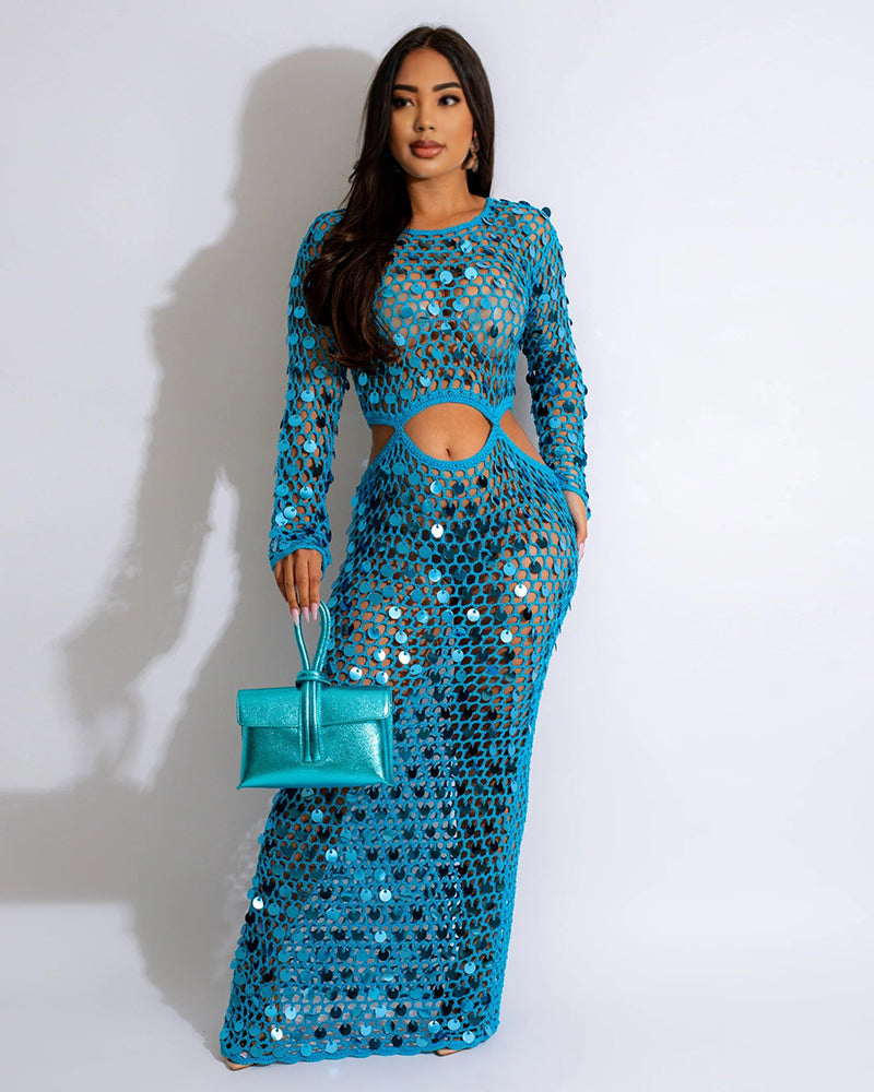 NET AND SEQUINS MAXI DRESS