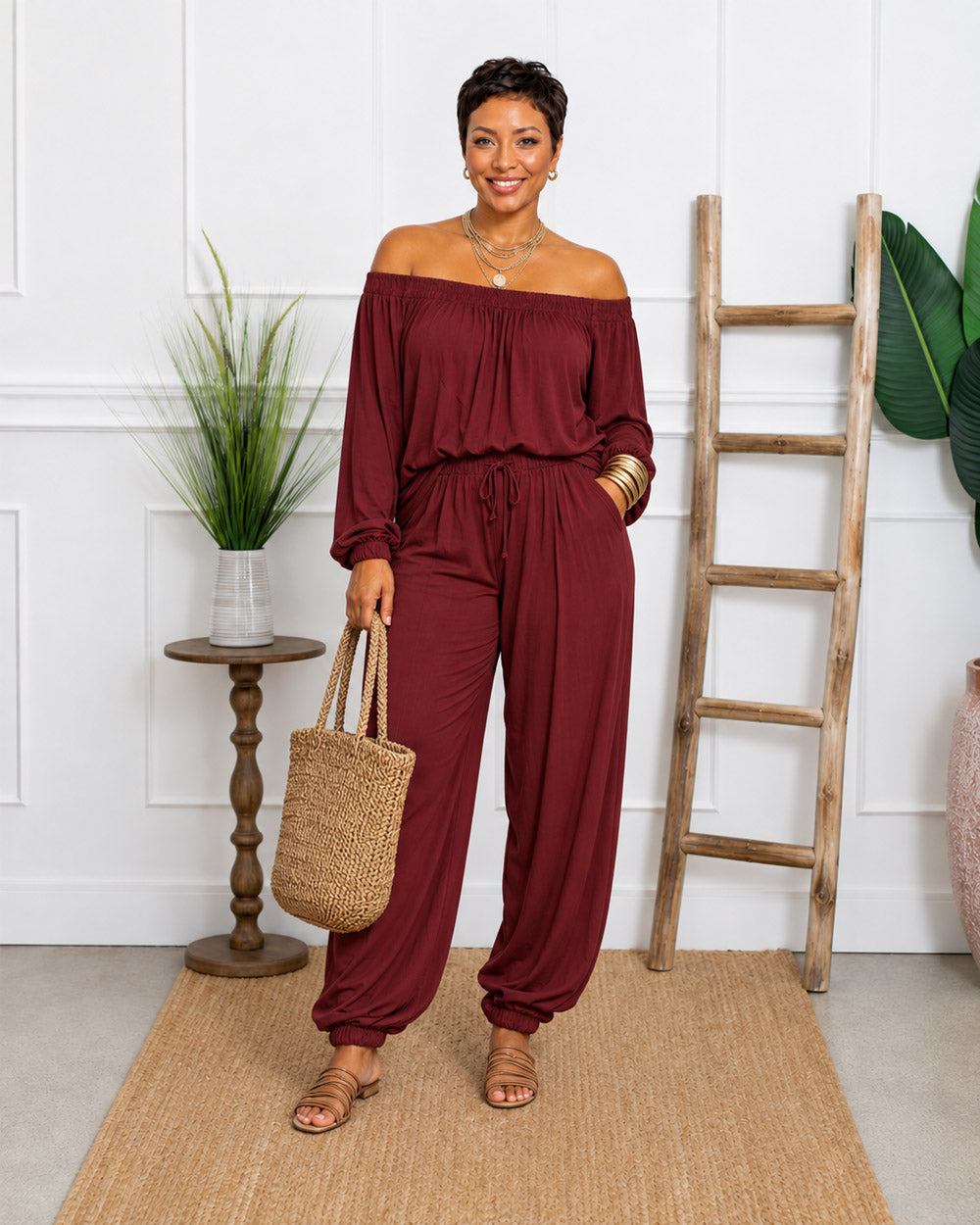 Plans Optional Off-Shoulder Harem Pant Set