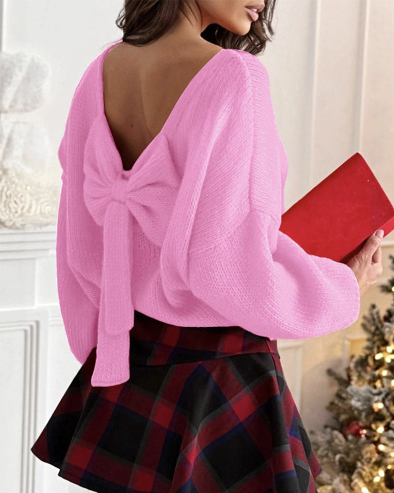 Bow Backless Bubble Sleeve Sweater