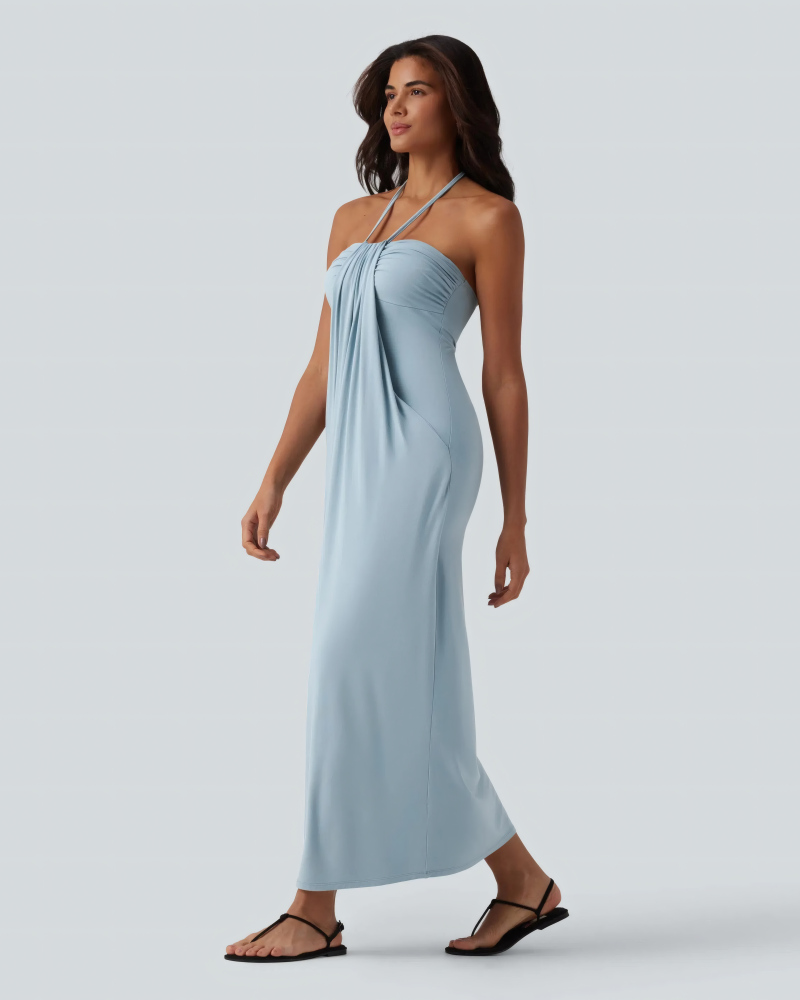 halter neck split dress Black Halter Neck Twist Front Dress - High Slit main image 0