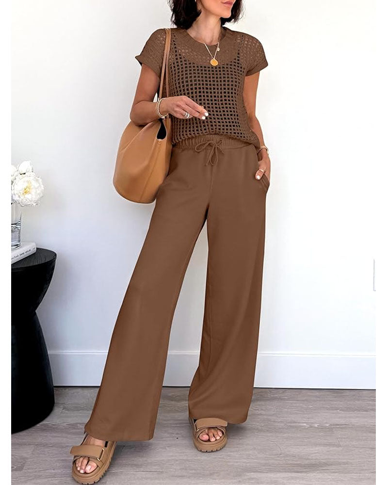 Crochet Top Wide Leg Pants Set