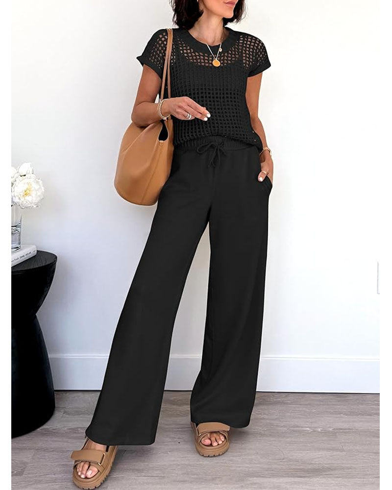 Crochet Top Wide Leg Pants Set