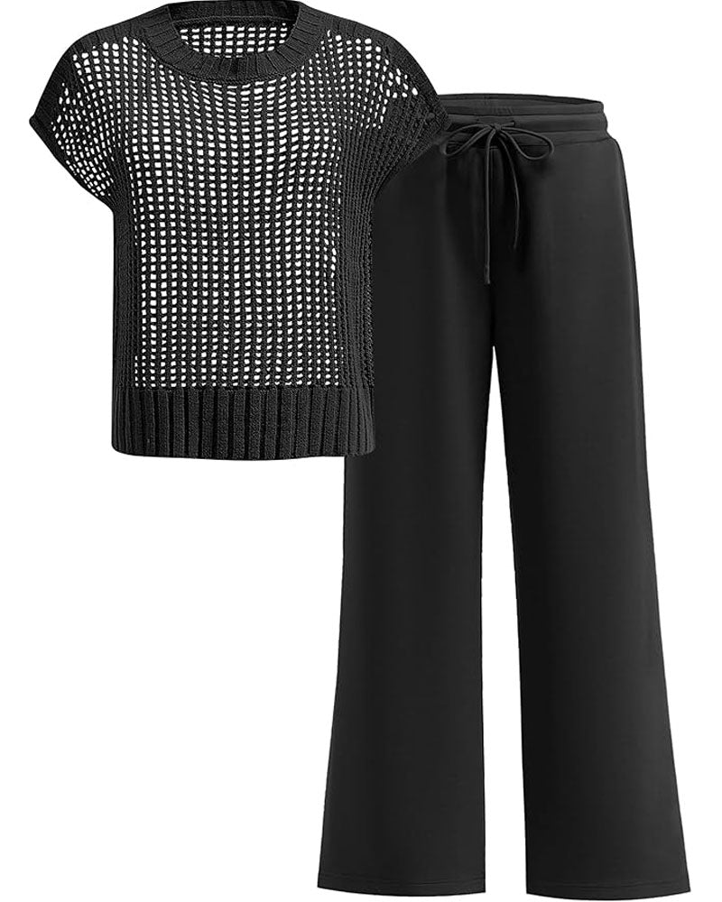 Crochet Top Wide Leg Pants Set