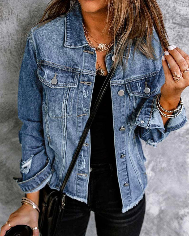 Distressed Raw Hem Denim Jacket