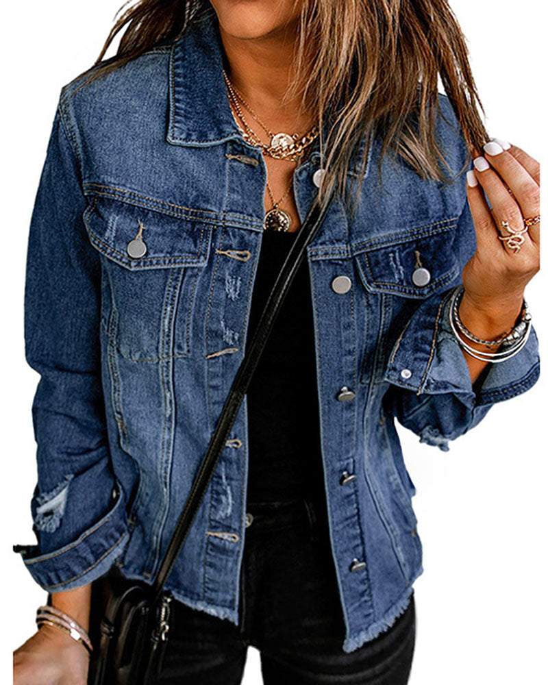 Distressed Raw Hem Denim Jacket