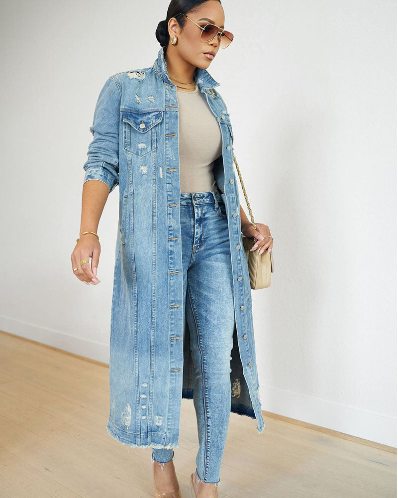 Distressed Long Denim Jacket