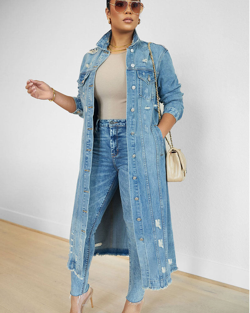 Distressed Long Denim Jacket