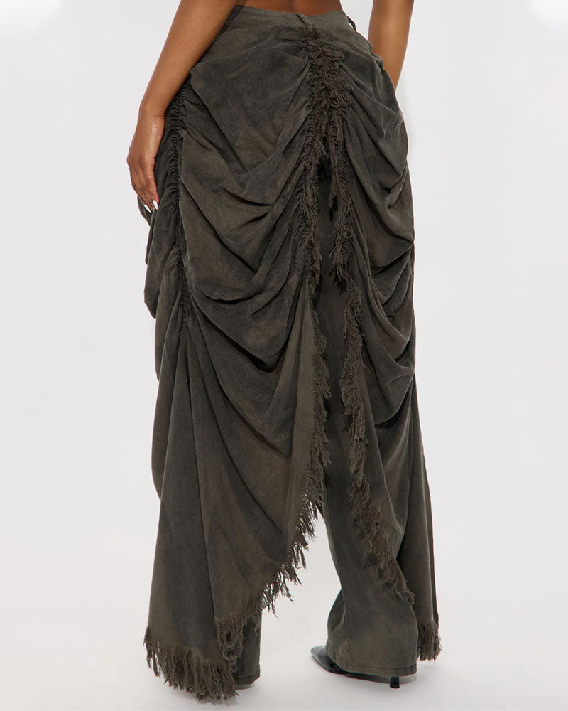 Distressed Overlay Fringe Draped Jeans