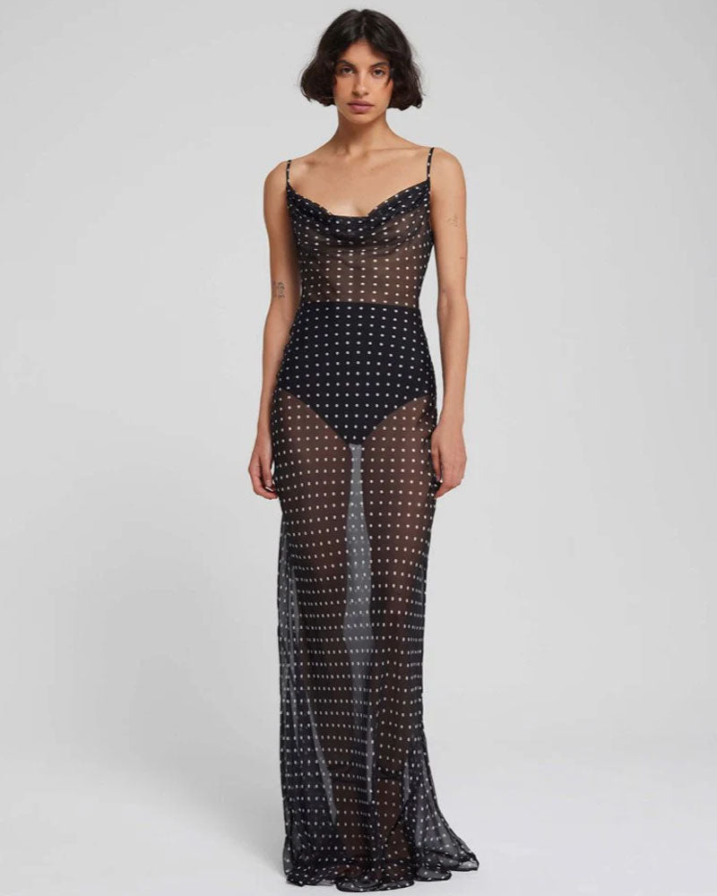 Dot Veil Mesh Halter Maxi Dress