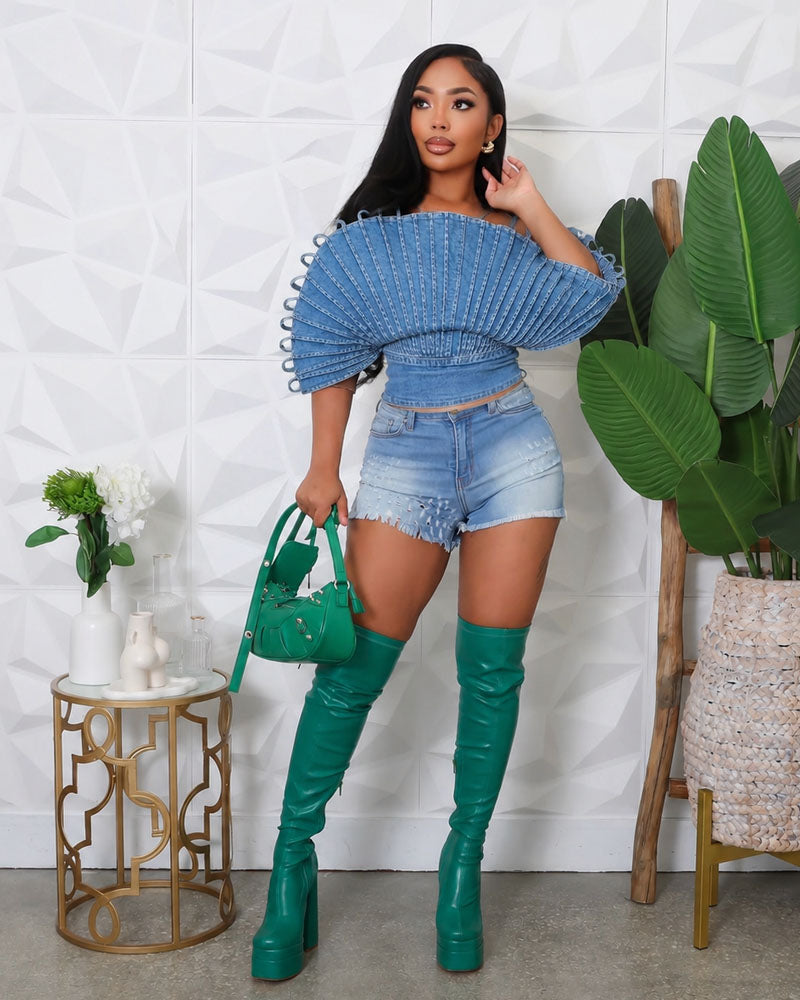 Fan Fold Denim Statement Top/Set