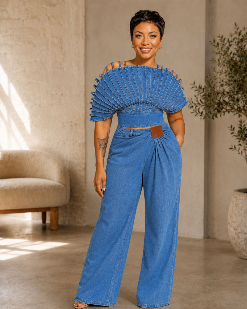 Fan Fold Denim Statement Top/Set