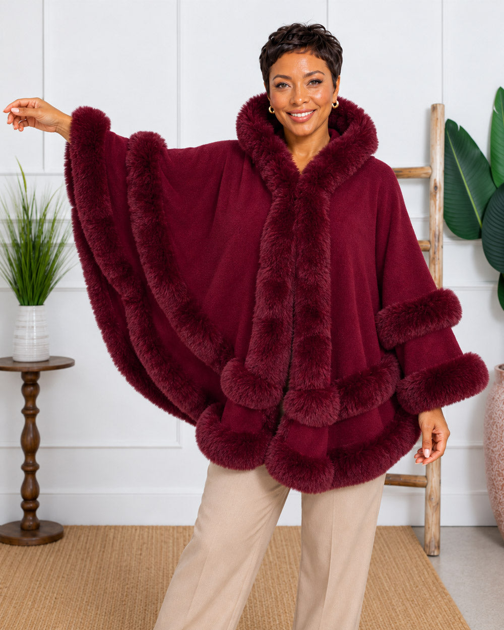 Faux Fur Trim Hooded Cape Poncho