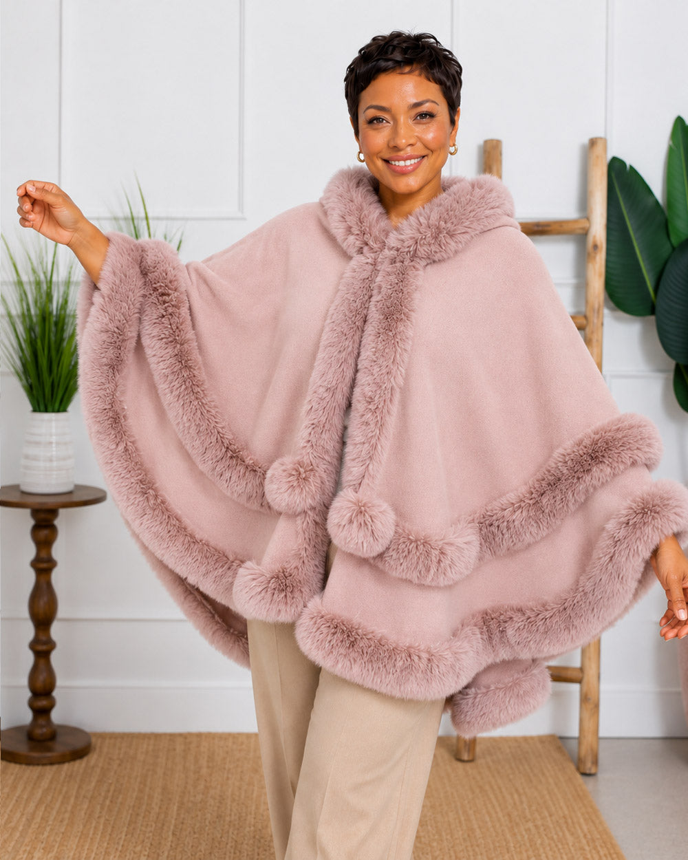 Faux Fur Trim Hooded Cape Poncho