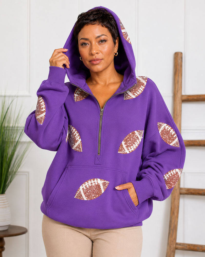 Game Day Sequin Football Half-Zip Hoodie