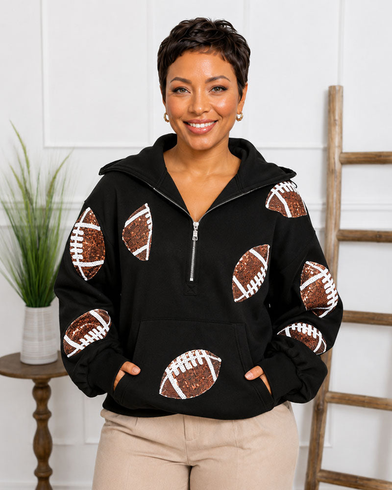 Game Day Sequin Football Half-Zip Hoodie