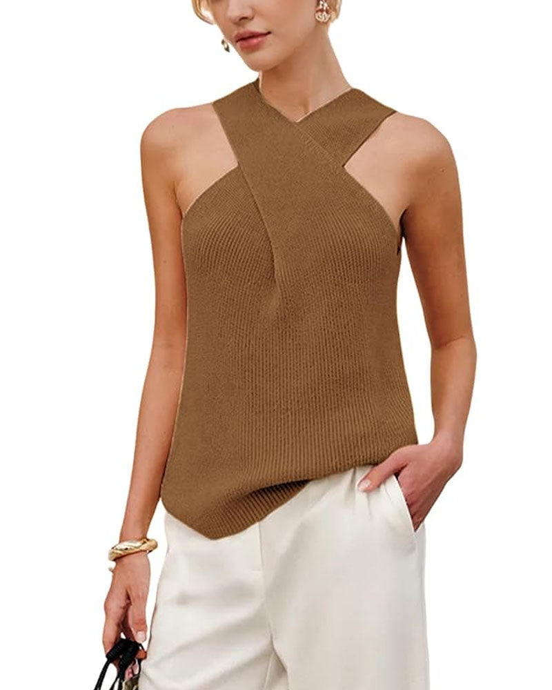 Halter Cross Over Collar Knit Tank