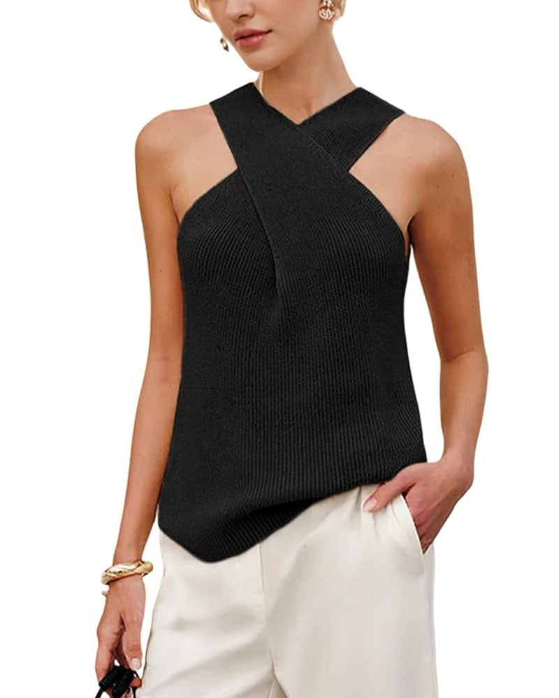Halter Cross Over Collar Knit Tank