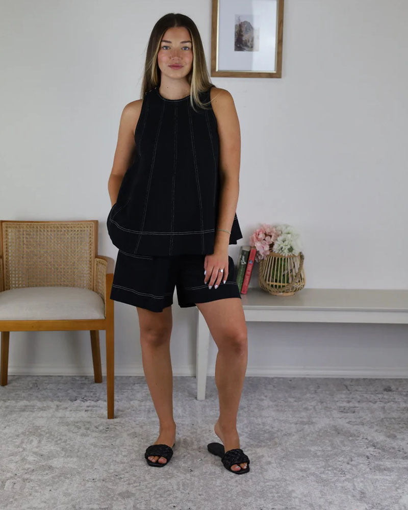 Kitty Contrast Stitching Short Set