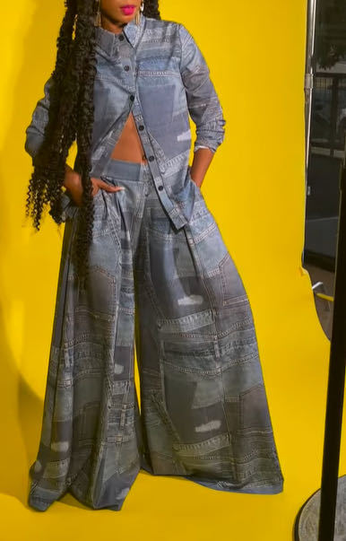 Denim Print Wide Leg Set