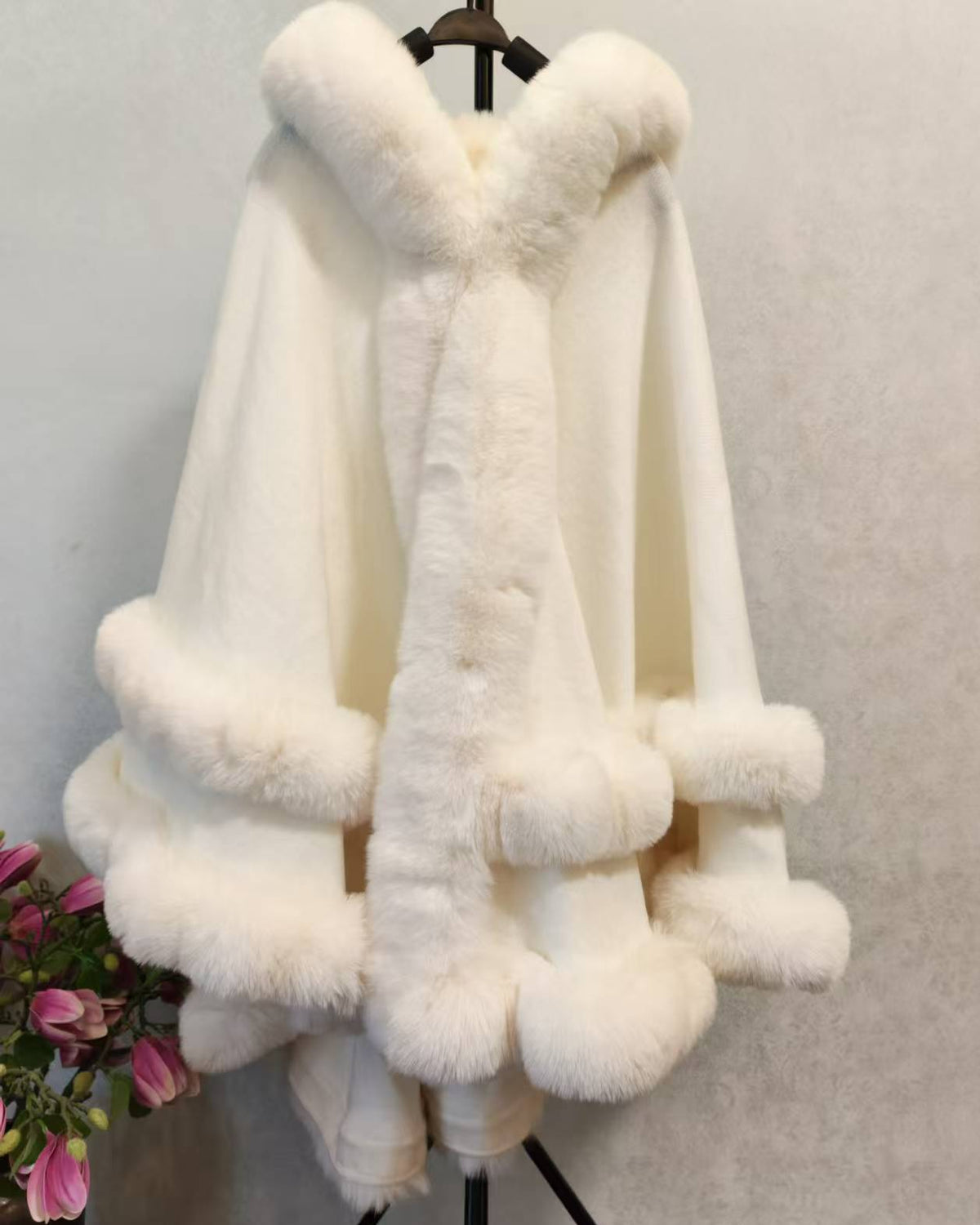 Faux Fur Trim Hooded Cape Poncho