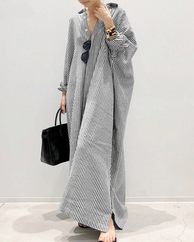 Striped Button Front Long Casual Shirt Dress