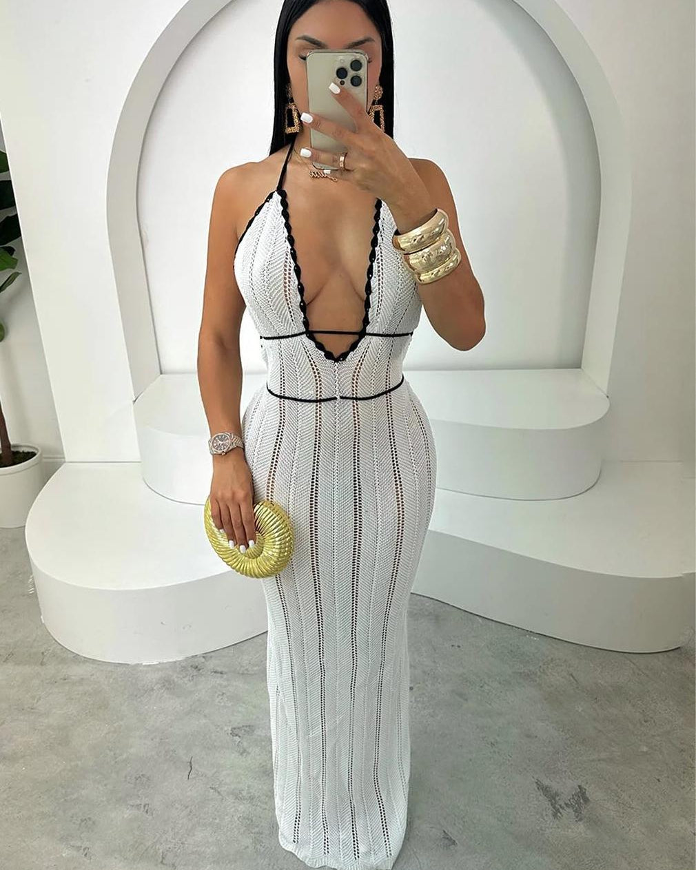Sheer Crochet Knit Halter Maxi Dress