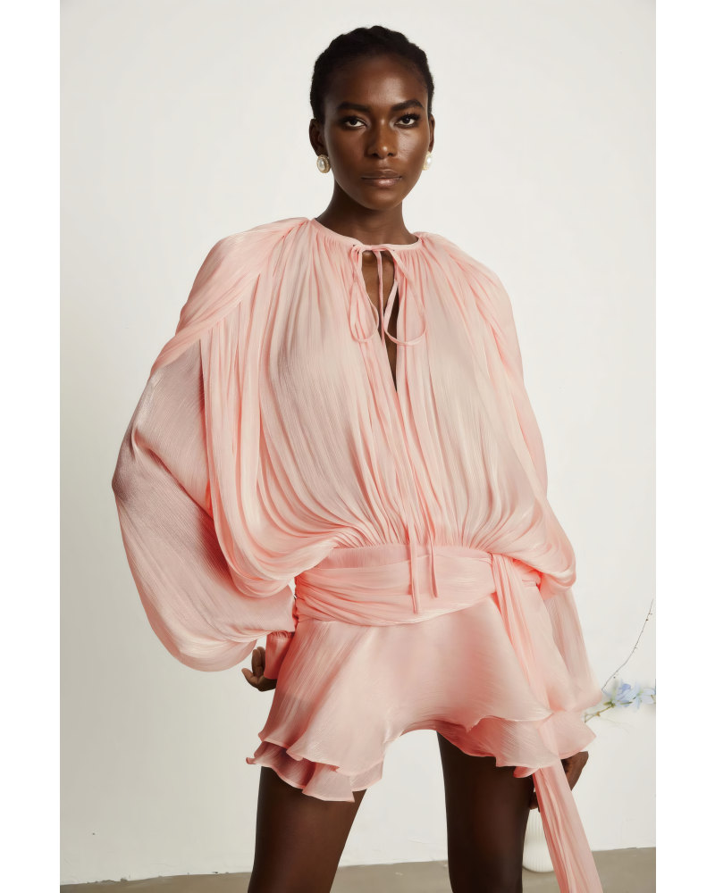 PADDED SHOULDER MINI RUFFLE DRESS