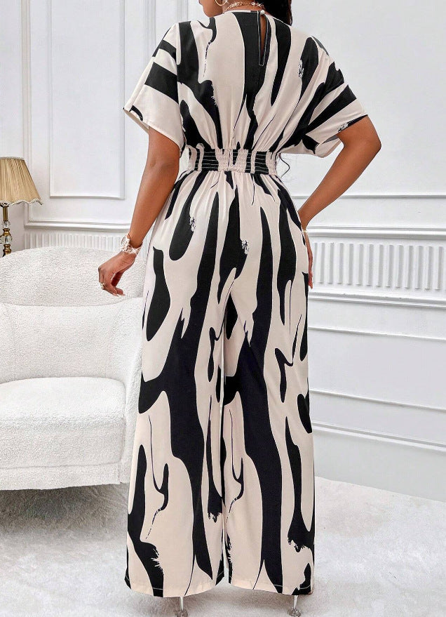 Asymmetrical Print Shirred Jumpsuit