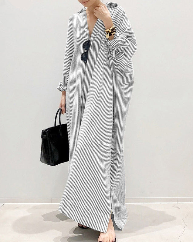 Striped Button Front Long Casual Shirt Dress