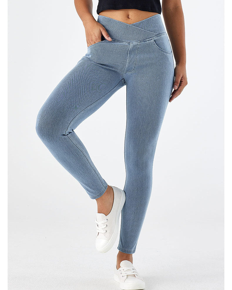 Crossover Denim Side Pockets Sculpting Leggings