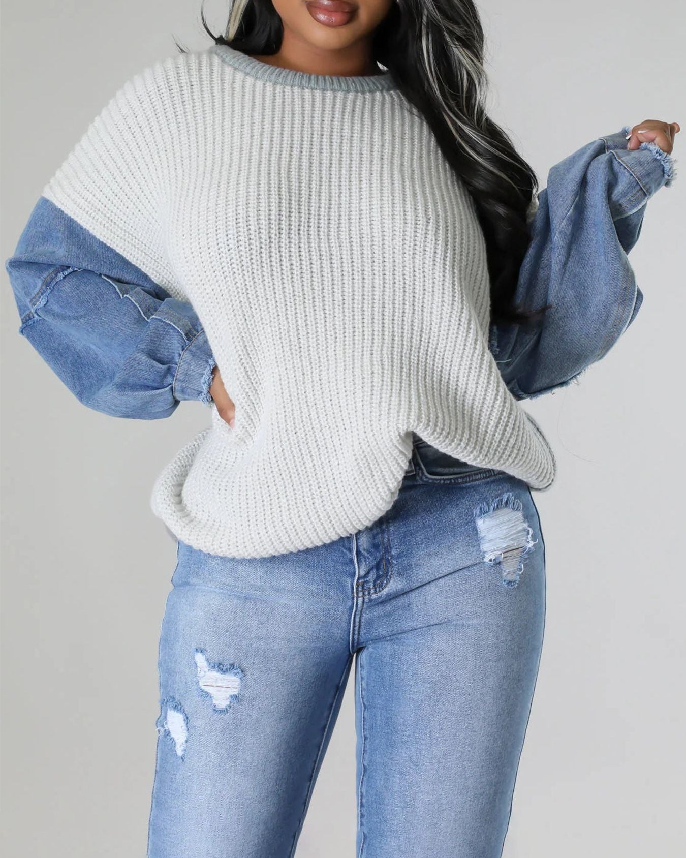 Denim Sleeves Knit Sweater【On Sale】