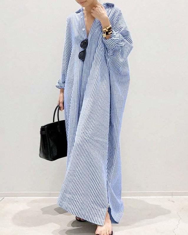 Striped Button Front Long Casual Shirt Dress