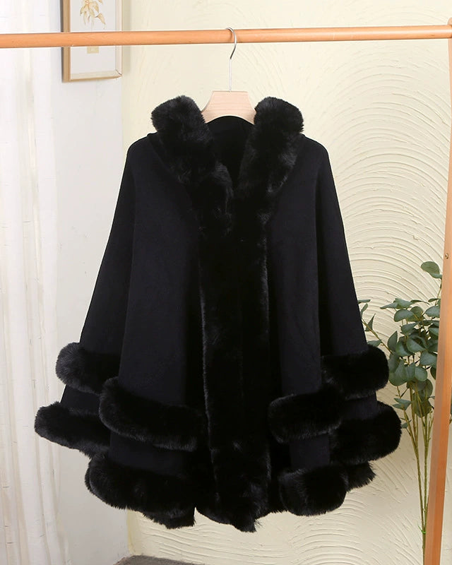 Faux Fur Trim Hooded Cape Poncho