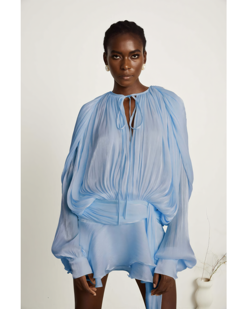 PADDED SHOULDER MINI RUFFLE DRESS