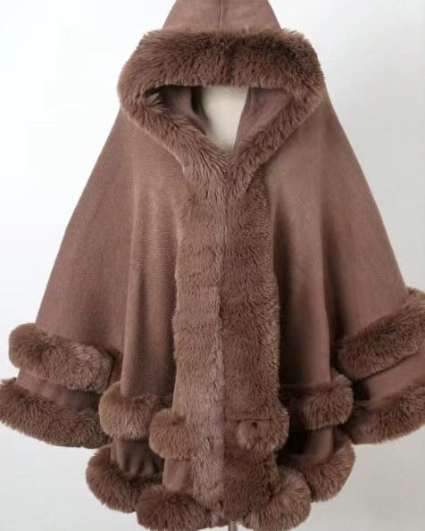 Faux Fur Trim Hooded Cape Poncho