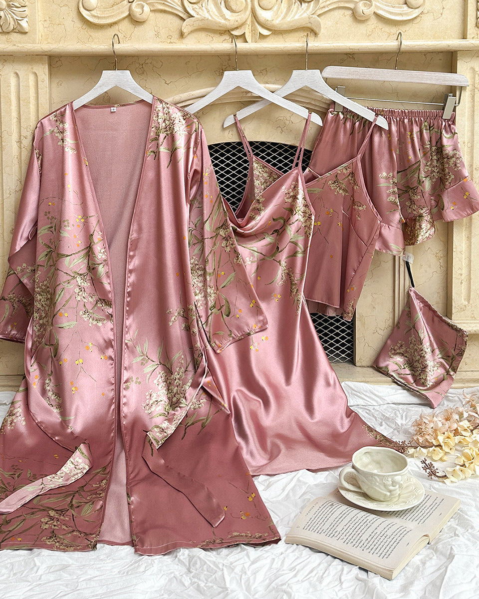 Floral Print Silk Robe 5PC Set