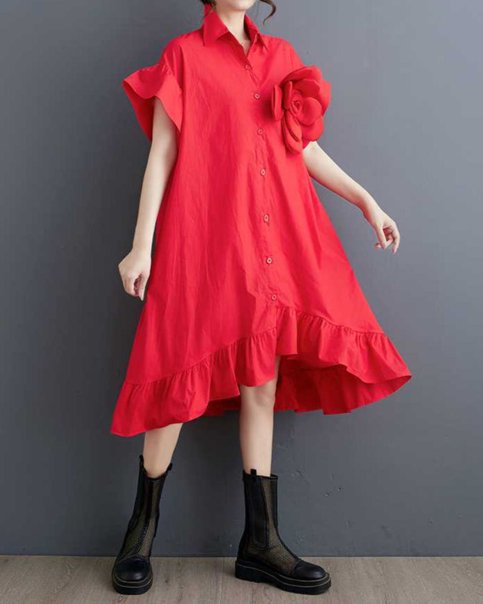 Collared Plain Flower Shirt Dress