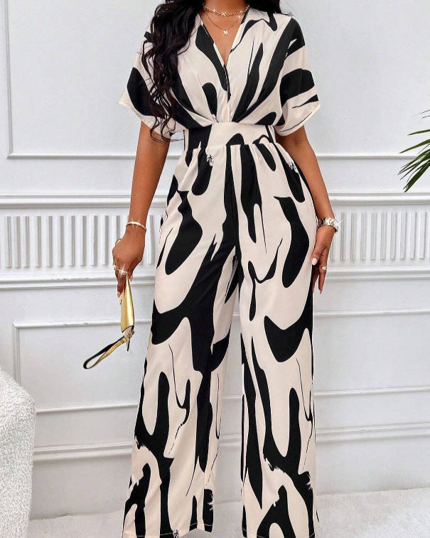 Asymmetrical Print Shirred Jumpsuit