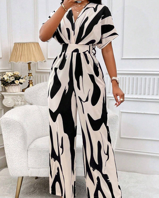 Asymmetrical Print Shirred Jumpsuit