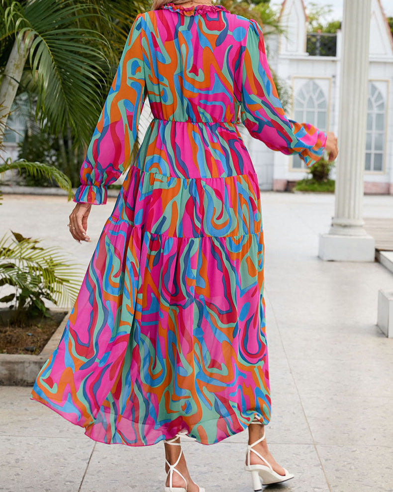 Multi-Color Abstract Print Ruffle Trim Long Sleeve Dress