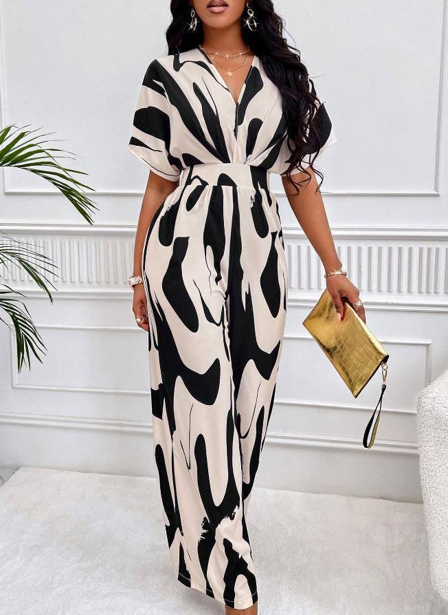 Asymmetrical Print Shirred Jumpsuit