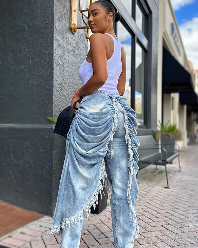 Distressed Overlay Fringe Draped Jeans