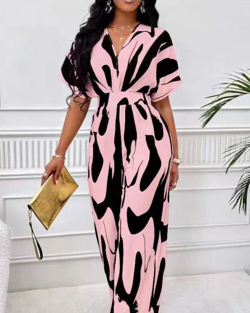 Asymmetrical Print Shirred Jumpsuit