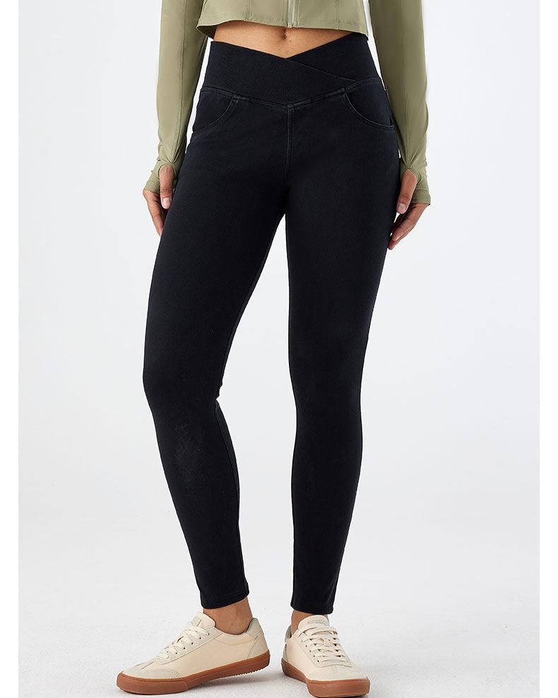 Crossover Denim Side Pockets Sculpting Leggings