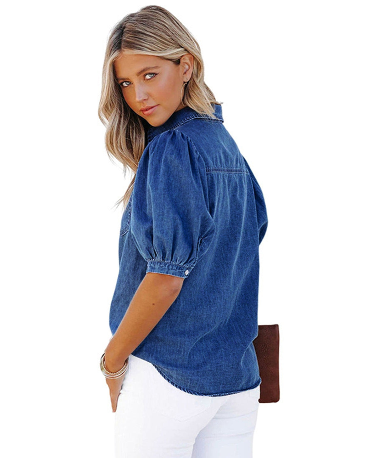Puff Sleeve Collared Denim Top