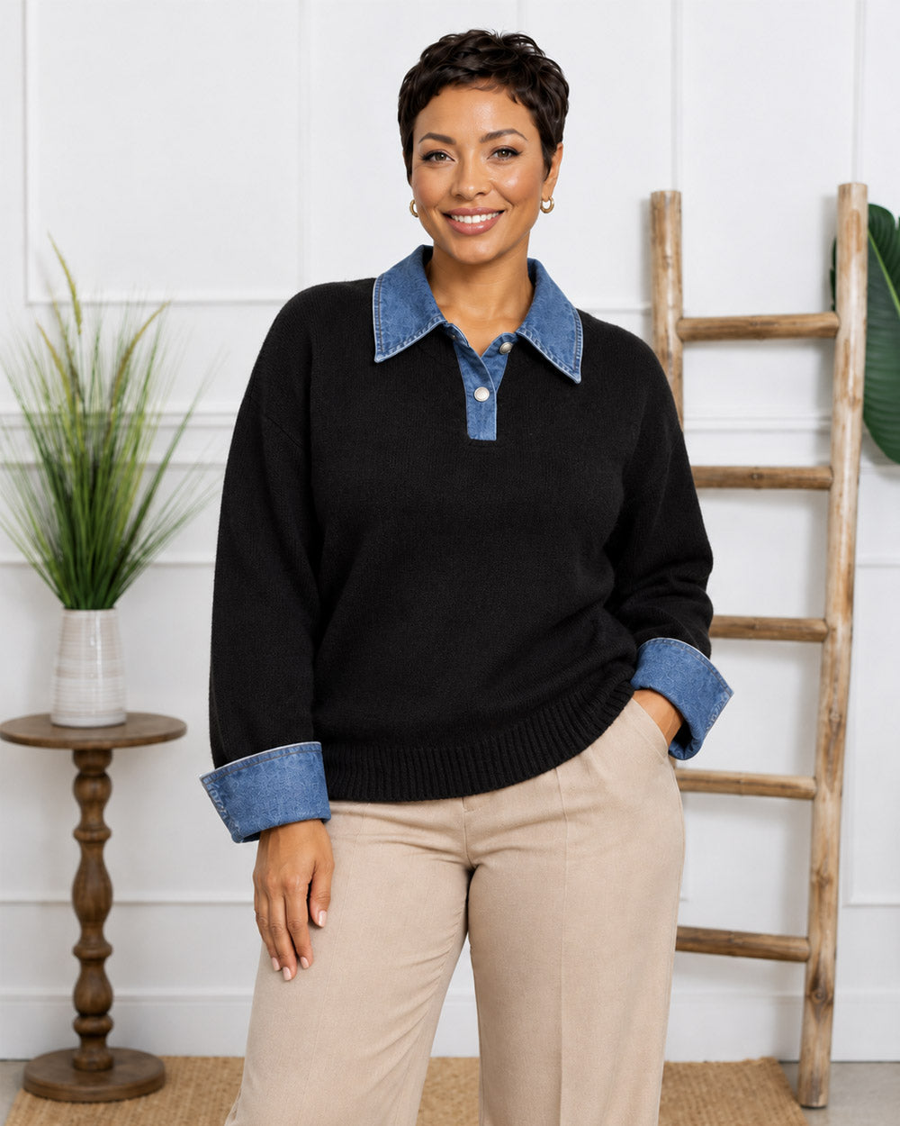 Off Script Denim-Trim Knit Sweater