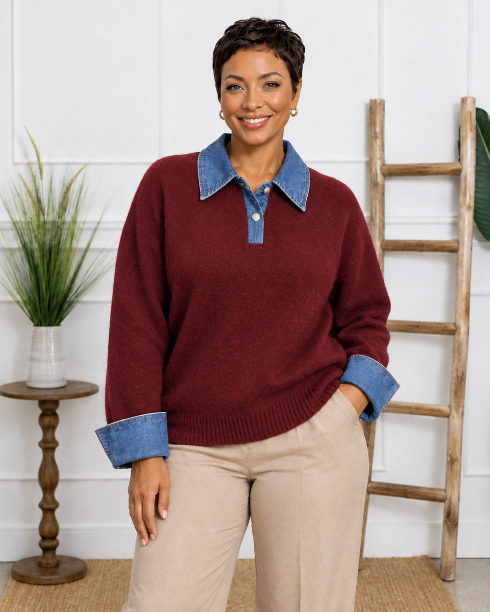 Off Script Denim-Trim Knit Sweater